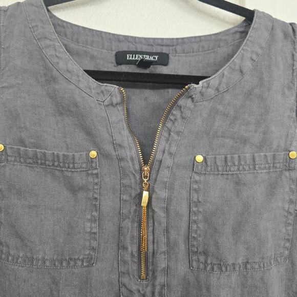 Ellen Tracy 100%Linen Sleeveless Top XL Gray 1/4 Zip Classic Normcore Minimalist - Picture 2 of 7